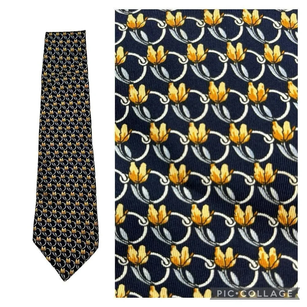Men’s Lancel Paris Brand 100% Silk Navy‎ and Yellow Floral Neck Field